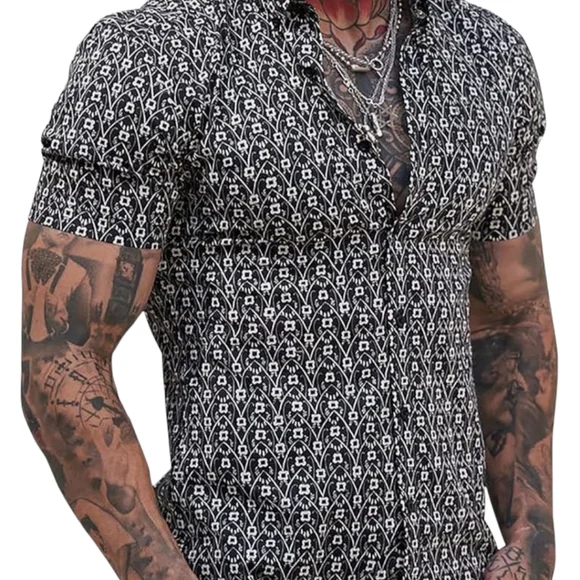 Men's Printed Comfort Flex Short Sleeve Athletic Muscle Button Down sz XL - Picture 1 of 4